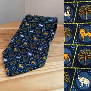 Salvatore Ferragamo Zebra Lion 100% Silk Printed Novelty Tie - Navy, Yellow OS
